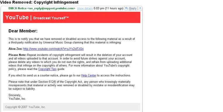Note of copyright infringement on YouTube