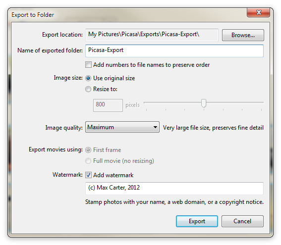 Picasa - Export Batch Watermarking