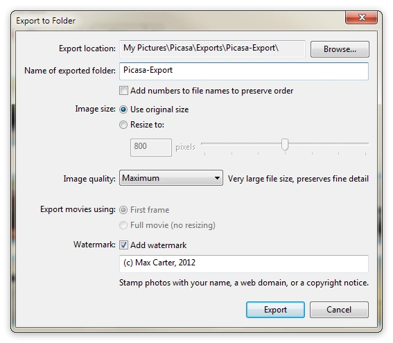 Picasa - Export Batch Watermarking