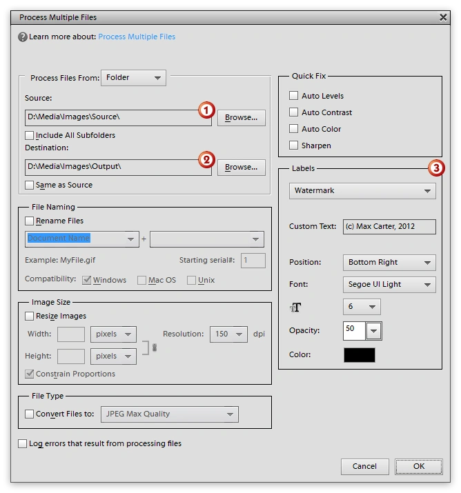 Photoshop Elements - Watermark multiple files dialog