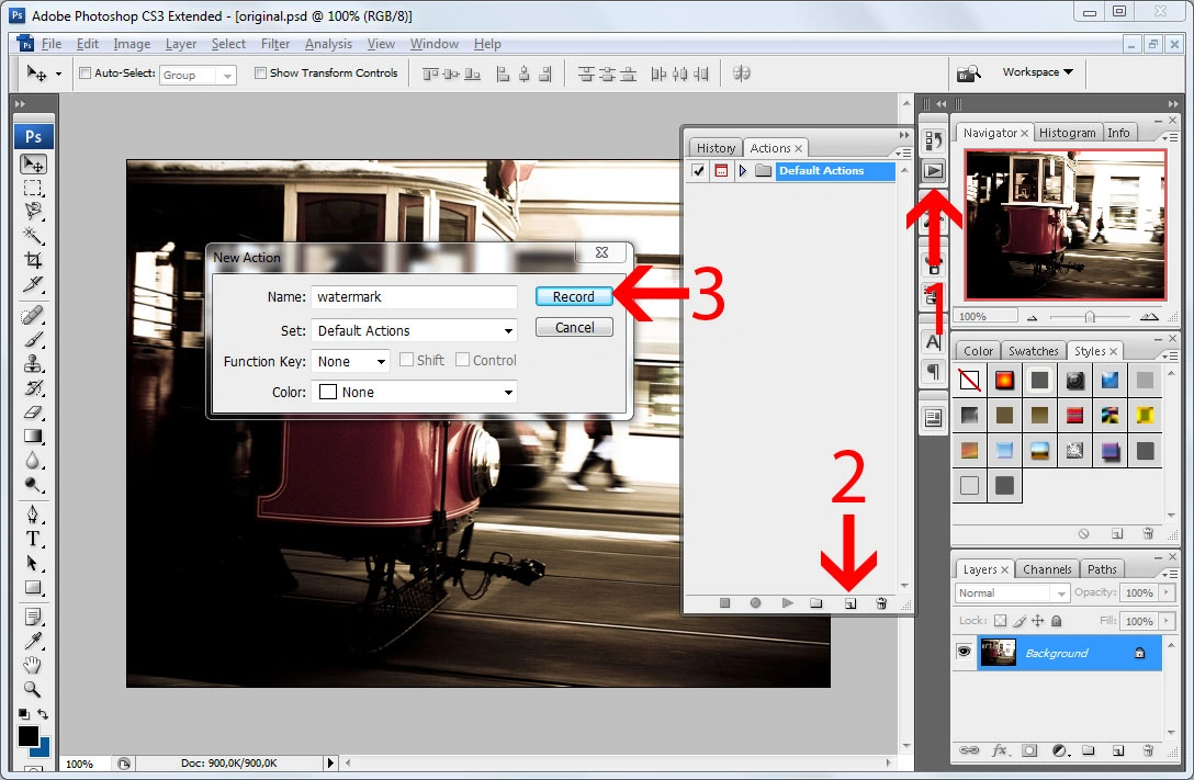 Filigranage par lots dans Photoshop - Step #2 - Record a watermarking action