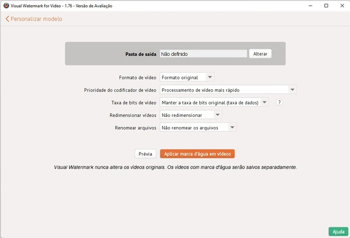 configurações de exportação para vídeo de marca d'água